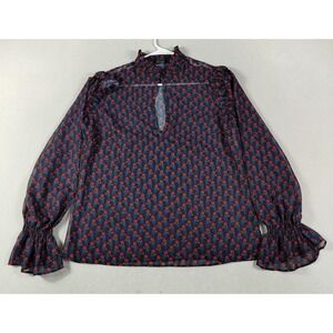 Bebe Blouse Womens Small Blue Floral Sheer Long Bell Sleeve Mock‎ Neck Ruffle